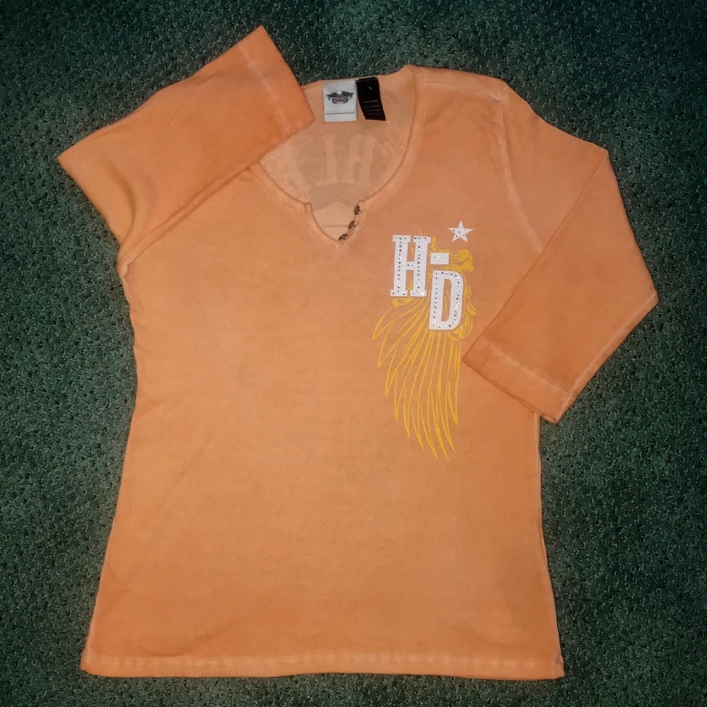 Harley-Davidson 3/4 Sleeve Orange Bling Top